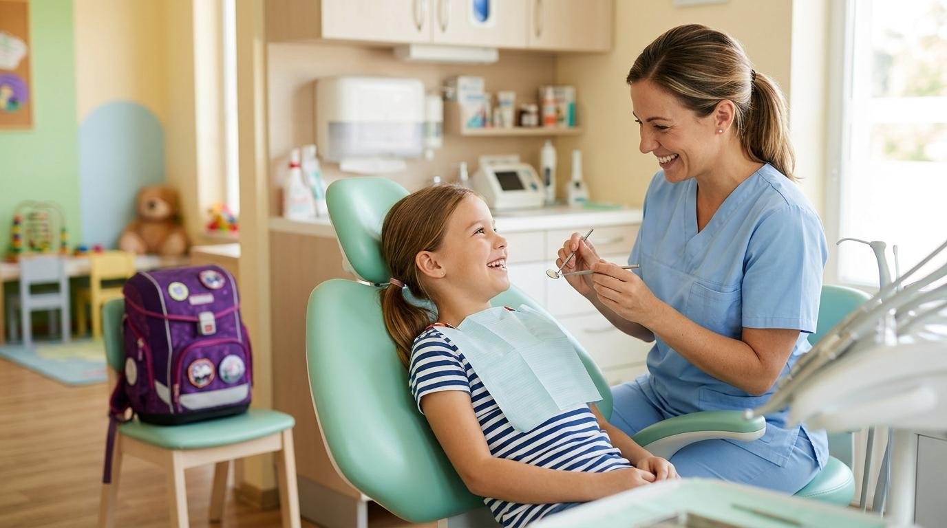 Smiling child sitting in a pediatric dental chair talking with a friendly hygienist, school backpack nearby