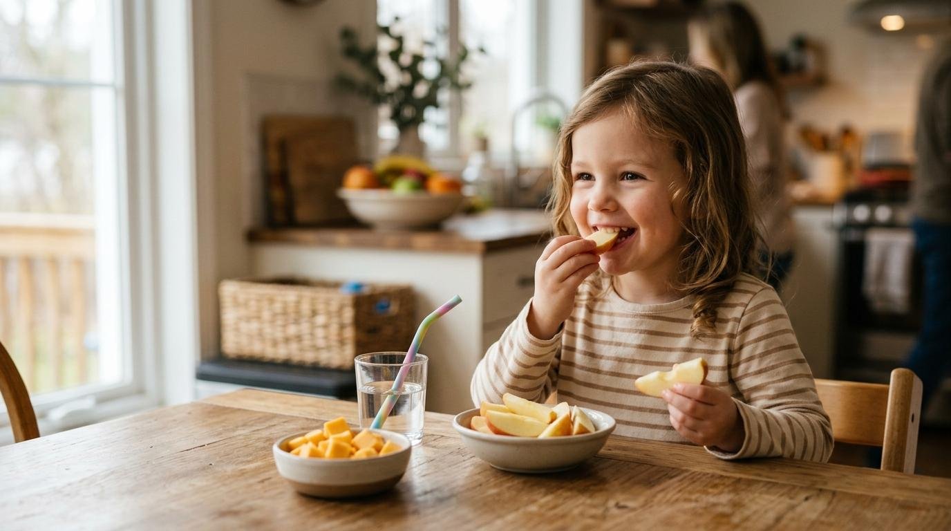 Child eating a healthy snack of cheese and apple slices at a kitchen table
