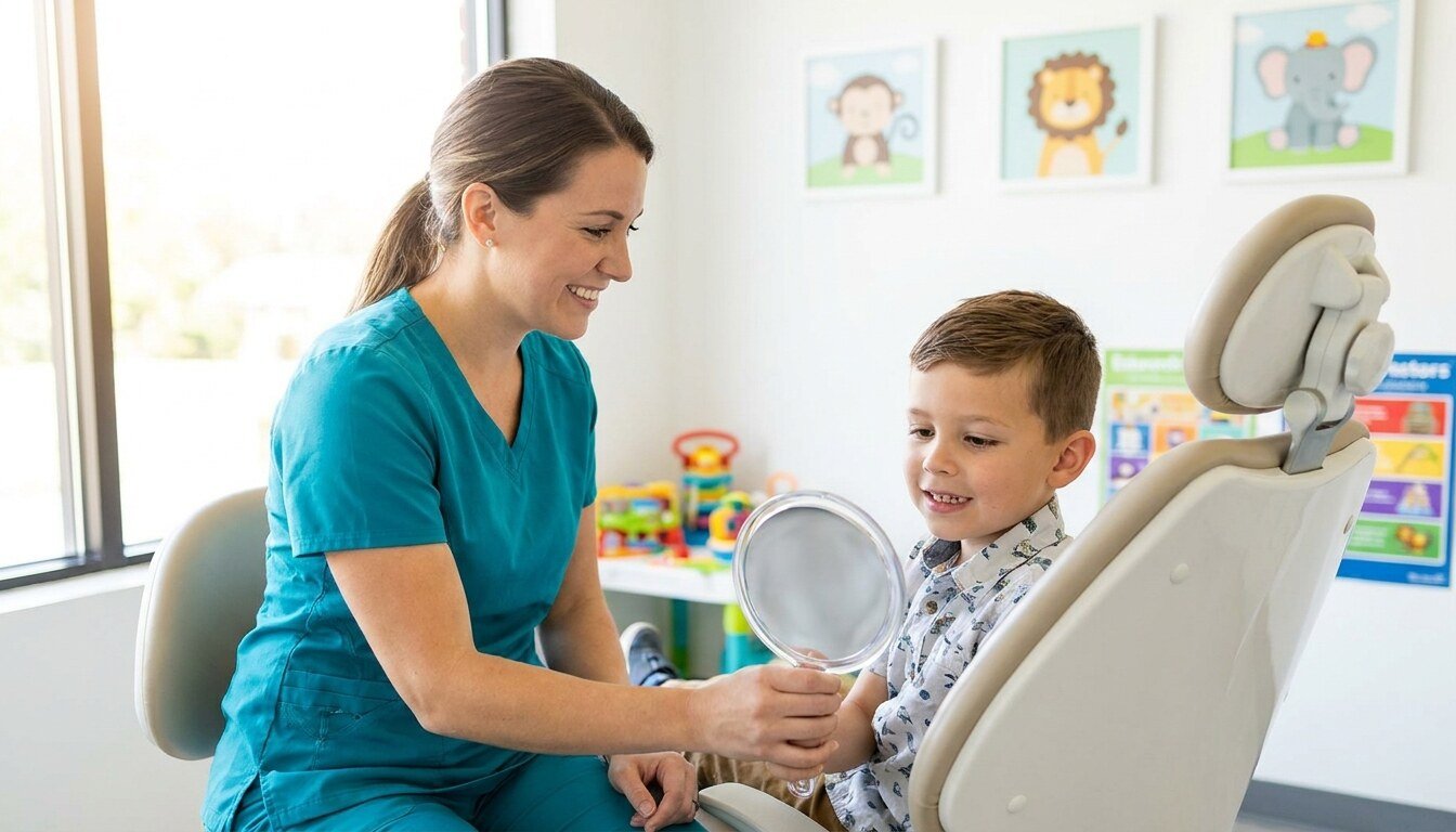 A pediatric dental hygienist showing a young boy his teeth in a small handheld mirror, both looking engaged and curious