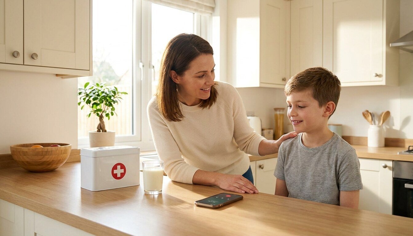 A calm parent comforting a child after a dental injury, with the practice phone numbers nearby