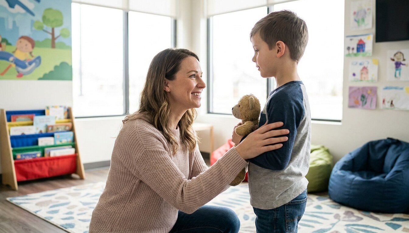 A calm caring mother kneeling at eye level with her young son in a pediatric dental waiting room, talking to him gently with her hand on his shoulder