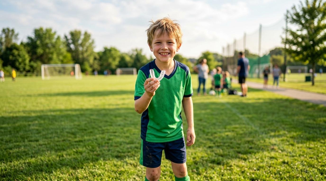 Young athlete in sports gear holding a clear mouthguard
