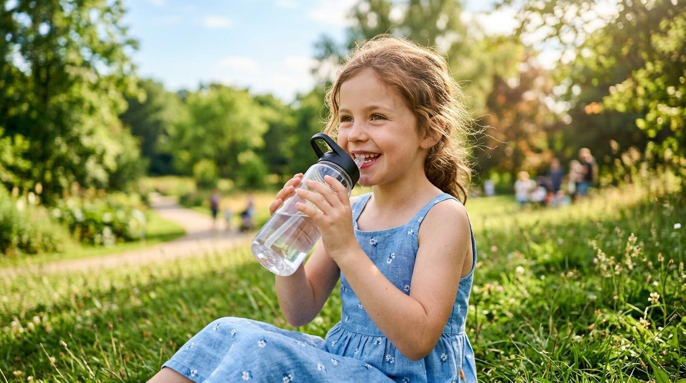 Smiling child drinking water outdoors on a sunny summer day