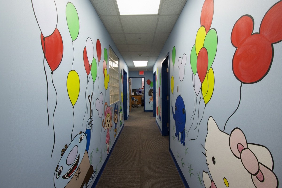 Greensboro hallway with cartoon murals