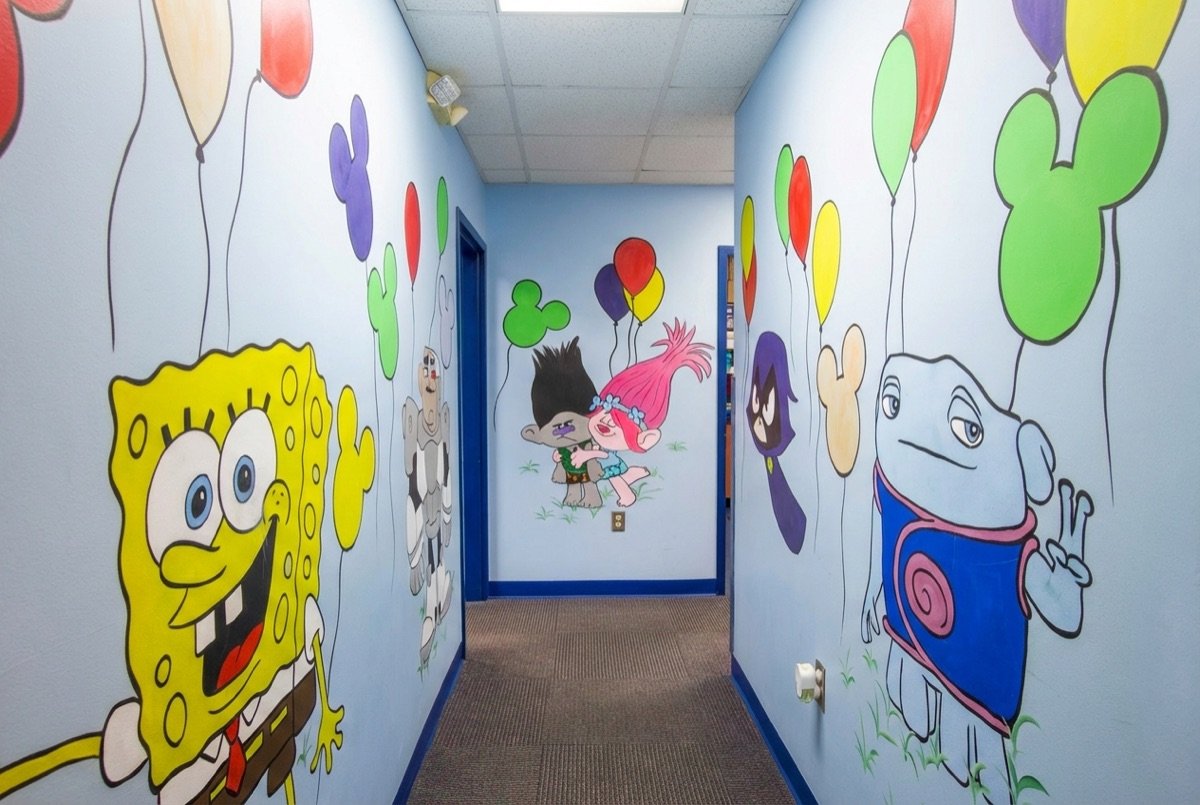 Monroe hallway with SpongeBob and Trolls murals